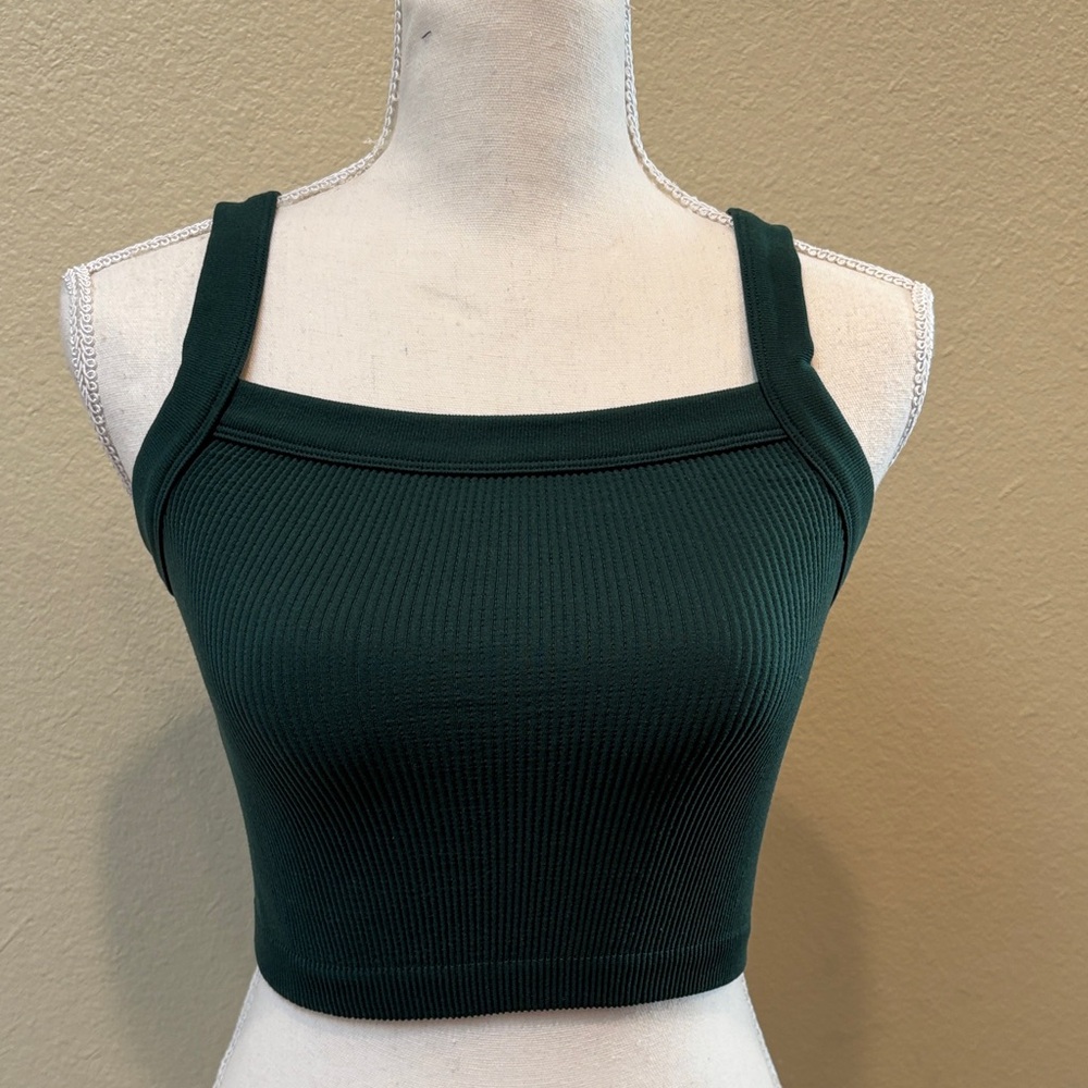 COTTON-ON Dark Green Ribbed Crop Tank Top, Size XS